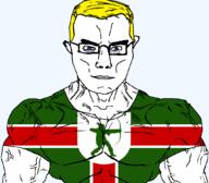 archer arm aryan blue_eyes british buff closed_mouth clothes ear england flag flag:nottinghamshire full_body glasses hair nottinghamshire soyjak subvariant:chudjak_front subvariant:muscular_chud tshirt united_kingdom variant:chudjak vein yellow_hair // 1059x929 // 64.8KB