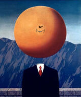 René_Magritte ball clothes face incomprehensible_woahjack mountain necktie painting smile soyjak suit surreal variant:impish_soyak_ears // 1125x1359 // 259.1KB