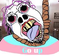 bloodshot_eyes crying deformed elevator glasses go_up hanging irl_background mustache pun purple_hair soyjak stubble text tongue tranny variant:bernd // 595x567 // 396.3KB