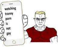 arm aryan blue_eyes buff chud closed_mouth clothes ear glasses hair hand holding_object holding_phone iphone phone porn subvariant:chudjak_front subvariant:muscular_chud text tranny variant:chudjak vein yellow_hair // 1760x1408 // 580.9KB