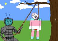 2soyjaks arm bloodshot_eyes buff closed_mouth clothes crying drawn_background ear full_body glasses grass hand hanging holding_object holding_rope irl leg lynching mustache neovagina noose old_roblox open_mouth outdoors purple_hair roblox robot rope smile smug soyjak tongue tranny tree tv_head variant:bernd variant:chudjak yellow_teeth // 2100x1500 // 233.5KB