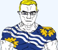 arm aryan blue_eyes british buff closed_mouth clothes ear england flag flag:merseyside glasses hair merseyside soyjak subvariant:chudjak_front subvariant:muscular_chud tshirt united_kingdom variant:chudjak vein yellow_hair // 1059x929 // 167.0KB