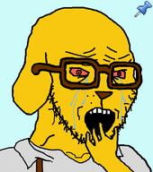 animal bloodshot_eyes blue_background crying dog ear glasses hand janny open_mouth snout soyjak stubble suspenders variant:soyak yellow_skin // 708x800 // 107.8KB