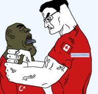 2soyjaks arm bald big_eyebrows bloodshot_eyes brown_skin buff canada choking chud closed_mouth clothes crescent ear eyebrows eyes fat faucet flag:canada flag:turkiye glasses hair hand head islam jawline lips muscles muscular_male nails obese open_mouth red_eyes red_sclera red_shirt rotten_teeth shitskin sloptranWNBAG_(namefag) slut_for_bbc star_(symbol) star_and_crescent stubble subvariant:turkmutt teeth teeth_showing text tongue torso turkiye turkroach variant:bernd variant:chudjak vein white_skin wrinkles yellow_teeth // 719x690 // 41.3KB