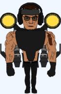 Jetpack arm armor belt beserker_mutant_skibidi_toilet black_pants brown_eyes brown_hair full_body glasses glove headband headphones laser leg muscles scars series:g-squad shirtless skibidi skibidi_toilet subvariant:chudjak_front subvariant:muscular_chud toilet torso variant:chudjak // 1425x2195 // 80.7KB