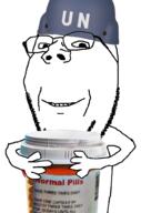 arm bottle clothes glasses hand hat helmet holding_object meds smile soyjak stubble subvariant:wholesome_soyjak united_nations variant:gapejak // 676x1021 // 264.9KB