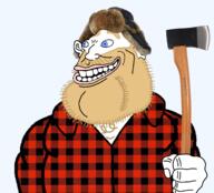 aryan axe beard blue_eyes buffalo_plaid canada chest_hair cleft_chin clothes collared_shirt ear eyebrows fist fixed flannel fur_trapper_hat hat head holding_object lips open_mouth plaid smile subvariant:canaryan subvariant:canuckmutt subvariant:impish_amerimutt teeth variant:impish_soyak_ears variant:pajeetjak yellow_hair // 1710x1551 // 2.1MB