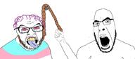 2soyjaks angry arm bloodshot_eyes clothes crying flag glasses hand hanging holding_object looking_at_you looking_up murder mustache open_mouth purple_hair rope soyjak stubble tongue tranny variant:cobson variant:feraljak yellow_teeth // 1500x655 // 153.8KB