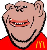amerimutt black_sclera brown_skin closed_mouth clothes ear lips mcdonalds mutt red_shirt smile soyjak stubble subvariant:impish_amerimutt united_states variant:impish_soyak_ears // 598x628 // 20.4KB