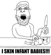 2soyjaks angry arm baby glasses gore hand holding_knife holding_object impact_font knife open_mouth soyjak stubble text variant:feraljak variant:skinjak // 1922x2079 // 387.8KB