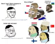 2soyjaks adolf_hitler aryan asian beard calarts closed_mouth clothes country cross czechia ear finland flag flag:czechia flag:finland flag:hungary flag:poland flag:roma flag:slovakia flag:turkiye glasses gypsy hair hat hungary irritated judaism kippah mustache nordic_chad poland question_mark side_profile slovakia smile soyjak star star_of_david stubble subvariant:soyak_(irritated) text turkiye variant:soyak wikipedia // 717x571 // 334.9KB