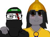 2soyjaks Warrior-Z(user) award balaclava brown_eyes closed_mouth clothes friendship glasses hair hand_on_shoulder happy hat headband lemon lemon_(user) long_hair necklace smile sourtan sunglasses variant:markiplier_soyjak variant:soytan // 1080x800 // 124.9KB