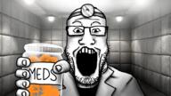 artist:doddermod asylum clothes doctor dr_sprokeberg finger glasses hand head_mirror holding_bottle holding_object irl_background lab_coat label meds open_mouth padded_cell pill realistic soyjak stubble text variant:markiplier_soyjak // 1920x1080 // 1.7MB
