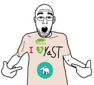 GNULinux arm clothes ear glasses hand heart i_love open_mouth opensuse pointing soyjak stubble text tshirt variant:shirtjak yast // 618x559 // 89.1KB