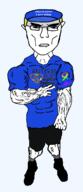 arm aryan autism black_pants black_shoes blue_hat blue_shirt buff clothes ear eyes finger glasses hand hat leg lips mouth muscular_male neck nose sock subvariant:unbotheredchud text unbothered variant:chudjak vein yellow_hair // 1100x2536 // 118.9KB