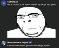 character_ai closed_mouth glasses hans-hermann_hoppe soyjak stubble variant:cobson // 479x389 // 67.1KB