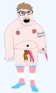 angry armband ashton_parks blood bloodshot_eyes brown_hair ear full_body glasses gore hair kiwifarms naked nsfw open_mouth penis red_eyes redraw soyjak tranny variant:feraljak // 2584x4272 // 333.8KB