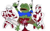 2soyjaks arm blood chainsaw closed_eyes closed_mouth clothes crying frog full_body glasses gore hand hanging holding_chainsaw holding_object leg open_mouth pepe smile soyjak stubble subvariant:wholesome_soyjak tshirt underpants variant:feraljak variant:gapejak // 5554x3472 // 863.0KB