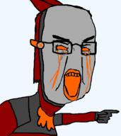 arm armor bloodshot_eyes clothes crying cyborg fredrick fur furry glasses hair hand oc open_mouth pointing protogen red_skin robot screen soyjak text tshirt variant:chudjak // 680x762 // 66.3KB