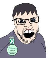 angry anime badge blue_eyes blue_shirt brown_hair canada canadian clothes crazed daniel_stevens glasses ontario open_mouth poast racism stubble variant:feraljak // 1372x1520 // 366.1KB