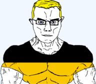 Baden-Württemberg arm blue_eyes buff closed_mouth clothes flag flag:baden-württemberg germany glasses hair soyjak subvariant:chudjak_front subvariant:muscular_chud transparent transparent_background tshirt variant:chudjak vein yellow_hair // 1059x929 // 28.6KB