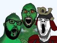 3soyjaks armor beard brown_eyes chameleon clothes glasses helmet lips lizard oingo_boingo open_mouth red_eyes reptile samurai soyjak_trio2 stubble tongue variant:cirrus variant:hot_sauce variant:reaction_soyjak // 1497x1119 // 202.5KB