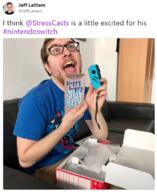 glasses holding_object irl meta:nas nintendo nintendo_switch open_mouth soy_milk stresscasts stubble text twitter video_game // 598x733 // 470.1KB