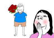 arm blue_shirt blush blushing bouquet couple dating eye_shadow finger flower flowers full_body gift girl girlfriend hair hand love pink_shirt plant rose shorts smile subvariant:annabelle subvariant:wholesome_soyjak t-shirt variant:gapejak wholesome // 1440x1000 // 64.8KB