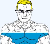 arm bavaria blue_eyes buff closed_mouth clothes flag flag:bavaria_(striped) germany glasses hair soyjak subvariant:chudjak_front subvariant:muscular_chud transparent transparent_background tshirt variant:chudjak vein yellow_hair // 1059x929 // 35.9KB