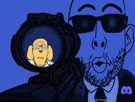 2soyjaks closed_mouth clothes discord ear firearm glasses gun janny necktie open_mouth scope sniper soyjak stubble suit sunglasses thick_eyebrows variant:markiplier_soyjak variant:nojak // 980x742 // 350.5KB