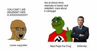 4chan bloodshot_eyes brown_skin crying frog glasses middle_finger nazism open_mouth pepe redpill russia russo_ukrainian_war soyjak stubble text ukraine variant:soyak volodymyr_zelenskyy // 1024x546 // 52.7KB