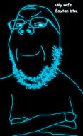 B_B_GHAST_(namefag) arm artist:xJanny blue_glow closed_mouth clothes crossed_arms glasses glowing looking_at_you namefags smile smirk smug soyjak stubble template text variant:gapejak // 730x1194 // 237.4KB