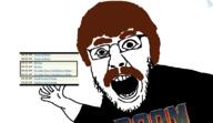 barneyfag brown_eyebrows brown_mustache doom glasses hair hand lee_goldson mustache open_mouth soyjak stubble variant:yurjak // 768x442 // 96.0KB