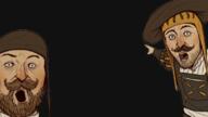 2soyjaks arm art beard black_background clothes drawn fantasy hand hat mustache open_mouth pointing redraw soyjak stubble v_(4chan) variant:two_pointing_soyjaks warhammer white_skin // 811x456 // 287.4KB