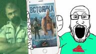 beard clothes cyrillic_text glasses hand hat helmet holding_object holding_phone iphone mustache open_mouth phone soyjak stubble subvariant:phoneplier subvariant:phoneplier_vertical variant:markiplier_soyjak // 1280x720 // 142.2KB