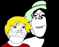 2soyjaks biting_lip clothes creepy crying crystal_cafe evil glasses green_hair grin hair hat nate no_mouth ominous shadow soyjak subvariant:gapejak_female subvariant:shoyta tshirt variant:gapejak yellow_hair // 1080x868 // 200.8KB
