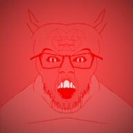 angry animated demon glasses green_eyes horn mirrored monster mustache open_mouth pentagram red_skin satanism soyjak star stubble variant:feraljak yellow_teeth // 640x640 // 8.7MB