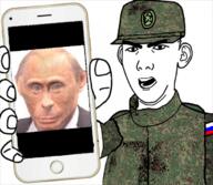 angry arm camouflage cap clothes ear emr_pattern flag glasses hand hat holding_object holding_phone iphone military monkey_putin open_mouth phone russia soyjak star stubble variant:carterjak variant:kuzjak vladimir_putin // 680x593 // 472.0KB