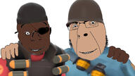 army beanie beard black_skin demoman_(tf2) friendship glasses grenade hand helmet military no_more_brother_wars soldier_(tf2) stubble team_fortress_2 uniform variant:cobson variant:soyak vest video_game white_skin // 1920x1080 // 217.9KB
