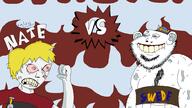 angry art badge bandage blond blue_eyes chest_hair clenched_teeth closed_mouth clothes drawing ear fist flag:sweden gums hair lip_bite missing_teeth nate pizza_tower red_eyes shirtless stubble sweden text variant:impish_soyak_ears vein viking viking_helmet vs yellow_teeth // 960x540 // 34.6KB