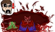 BAMBI_LOST artist:crimsonvoidhydra1488 bambi_(moldygh) bambifag beard blood blood_splatter blue_pants clothes dave_(moldygh) dave_and_bambi exclamation_mark eyeball friday_night_funkin' glasses gore green_hat hair hat open_mouth pixel_art ribcage ribs shocked soyjak subvariant:doctos variant:soyak // 383x225 // 24.6KB