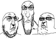 3soyjaks closed_mouth glasses punisher_face soyjak soyjak_trio stretched_chin stubble variant:gapejak variant:markiplier_soyjak variant:tony_soprano_soyjak // 828x581 // 199.9KB
