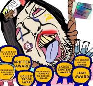 award bloodshot_eyes cocaine communism crying dead estrogen flag glasses hair hanging hrt keffals kiwifarms methamphetamine mustache open_mouth otokonoko_pharmaceuticals pedophile purple_hair rent_free rope slopjak soyjak stubble suicide tongue tranny variant:bernd vaush yellow_teeth // 600x556 // 76.8KB