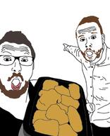 2soyjaks arm beard brown_hair clothes fried_chicken glasses hand holding_object john_oberg open_mouth pointing redraw soyjak variant:two_pointing_soyjaks // 500x615 // 119.4KB