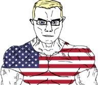 american_flag arm blue_eyes buff closed_mouth clothes ear flag flag:united_states glasses hair soyjak subvariant:chudjak_front subvariant:muscular_chud tshirt united_states variant:chudjak vein yellow_hair // 1059x929 // 130.7KB