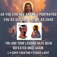 arm beard brown_hair chad christianity closed_mouth cope crying ear gigachad hair hand heard horn jesus legion_(demon) mustache open_mouth painting red_skin satan teeth text trad_west variant:soyak white_skin wojak // 1080x1080 // 202.8KB
