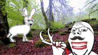 2soyjaks animal animal_abuse animal_ears antler blood buck_teeth crying forest glasses gore hand holding_object irl irl_background jackalope mustache open_mouth rabbit rabbit_ears smile soyjak stubble subvariant:wholesome_soyjak tail variant:gapejak variant:soyak // 1410x795 // 2.0MB