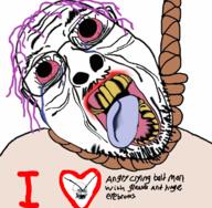 2soyjaks ack angry anhero bloodshot_eyes clothes crying distorted eyes face glasses heart huge_eyes large_eyebrows noose open_mouth pink_hair rope selfish_little_fuck soyjak stubble teeth text tongue tranny variant:bernd variant:cryboy_soyjak white_background wrinkles yellow_teeth // 726x711 // 421.6KB