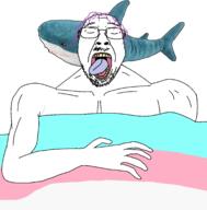 blahaj blanket buff flag glasses ikea mustache open_mouth purple_hair shark sleeping soyjak stubble tongue tranny variant:bernd // 2062x2098 // 794.3KB