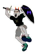 angry cargo_shorts castizo chud clothes demon fangs full_body gemini glasses grey_skin hair holding_object holding_shield holding_sword homestuck horn lipstick new_balance open_mouth parody sharp_teeth shield sneakers sword troll_(homestuck) tshirt variant:chudjak white_background // 1200x1728 // 280.9KB